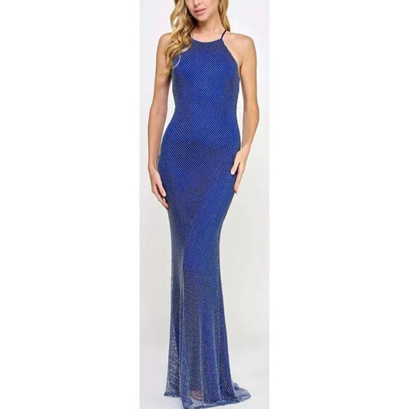 B Darlin‎ Halter Dress Size 5/6 Juniors Embellished Blue Maxi Gown NEW - Picture 1 of 9